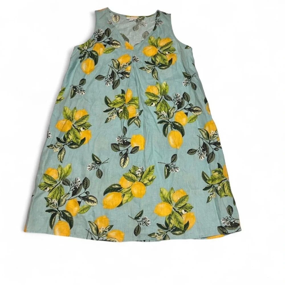 J. Jill Love Linen Dress PM Petite Medium Lemon Print Sleeveless Pockets Summer - Picture 3 of 5